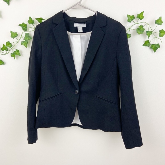 H&M black button business casual blazer suit jacket Sz 14